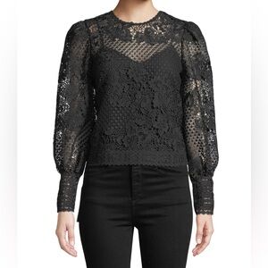 JOIE Rodia cropped floral black lace puffed sleeve zip back long sleeve top
